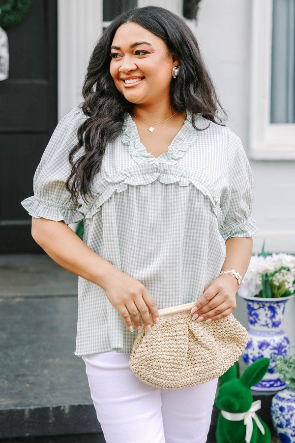 Chic Soul plus size clothing, light green and white gingham short puff sleeve top with ruffle trim around the chest