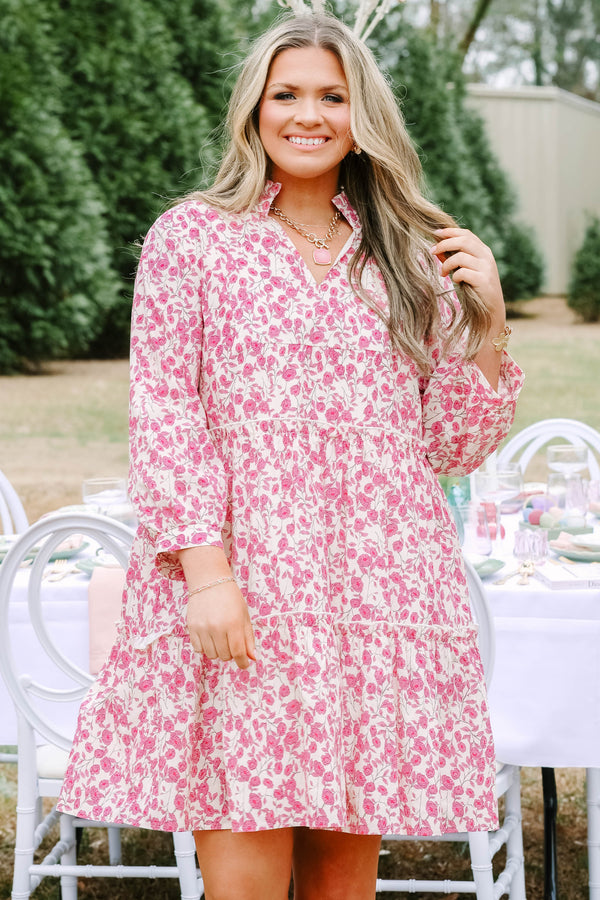 Chic Soul plus size clothing, pink and white floral print long sleeve tiered baby doll dress with v neck cutout and ruffle collar
