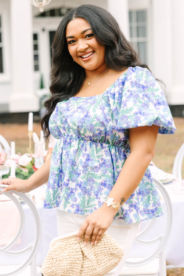 Chic Soul plus size clothing, purple top with bubble sleeves a square neckline and a green and purple floral pattern 