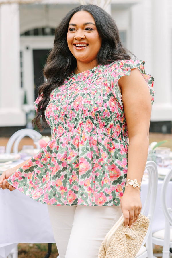 Chic Soul plus size clothing, pink and green floral short flutter sleeve peplum top with rouching texture on the chest