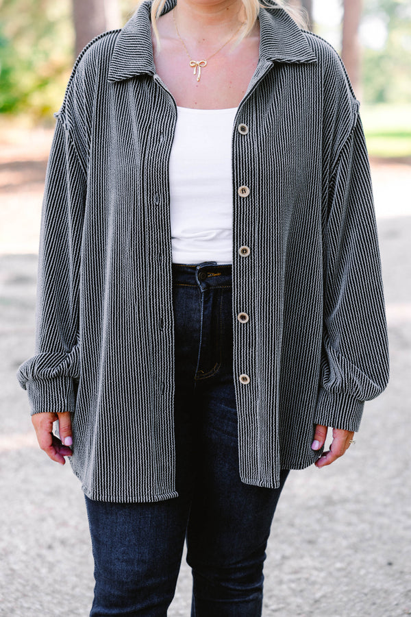 Chic Soul plus size clothing, charcoal shacket with buttons going down each side of the shirt as well as a ribbed texture  