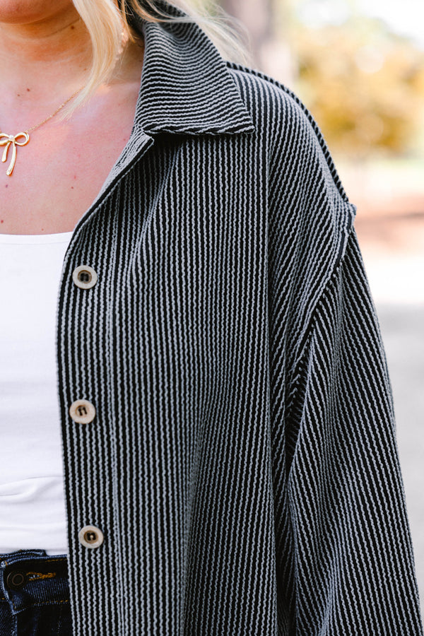 Chic Soul plus size clothing, charcoal shacket with buttons going down each side of the shirt as well as a ribbed texture  