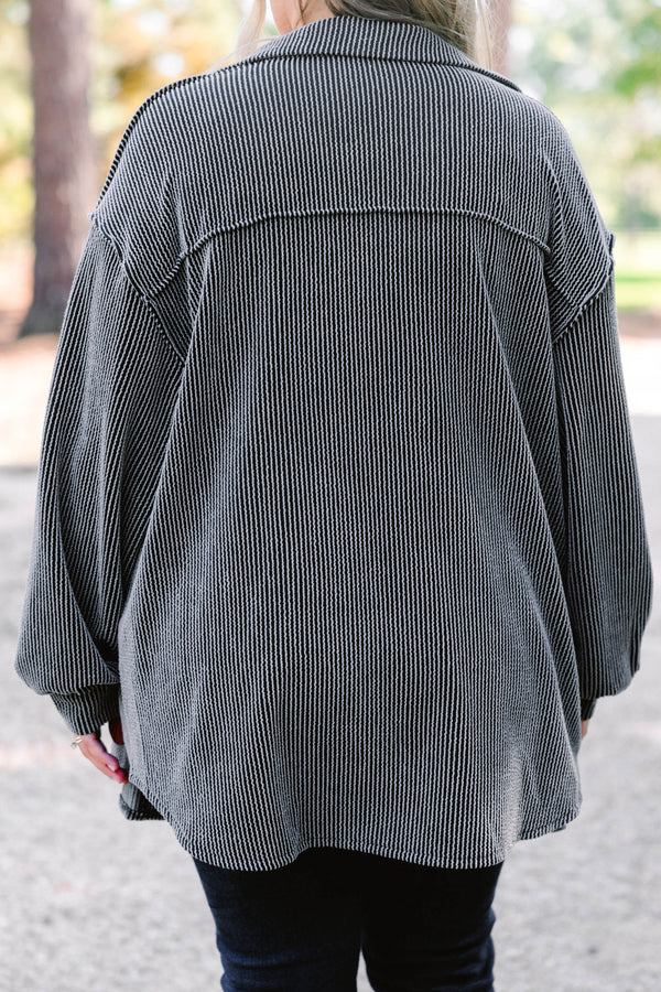 Chic Soul plus size clothing, charcoal shacket with buttons going down each side of the shirt as well as a ribbed texture  