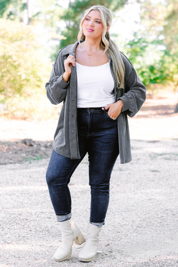 Chic Soul plus size clothing, charcoal shacket with buttons going down each side of the shirt as well as a ribbed texture  
