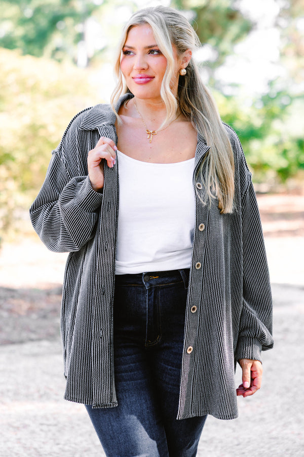 Chic Soul plus size clothing, charcoal shacket with buttons going down each side of the shirt as well as a ribbed texture  