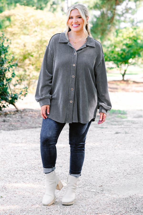 Chic Soul plus size clothing, charcoal shacket with buttons going down each side of the shirt as well as a ribbed texture  