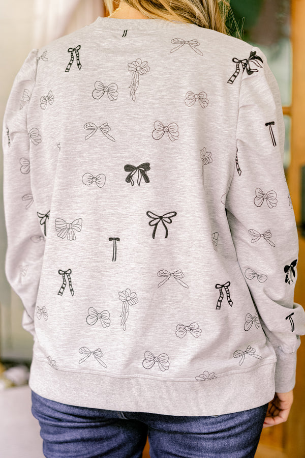 Chic Soul plus size clothing, grey crewneck sweatshirt with black embroidered bows 
