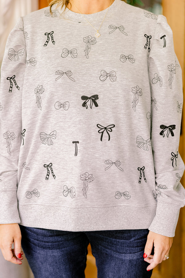 Chic Soul plus size clothing, grey crewneck sweatshirt with black embroidered bows 