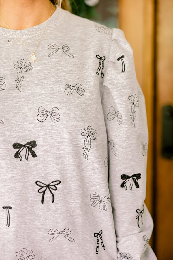 Chic Soul plus size clothing, grey crewneck sweatshirt with black embroidered bows 