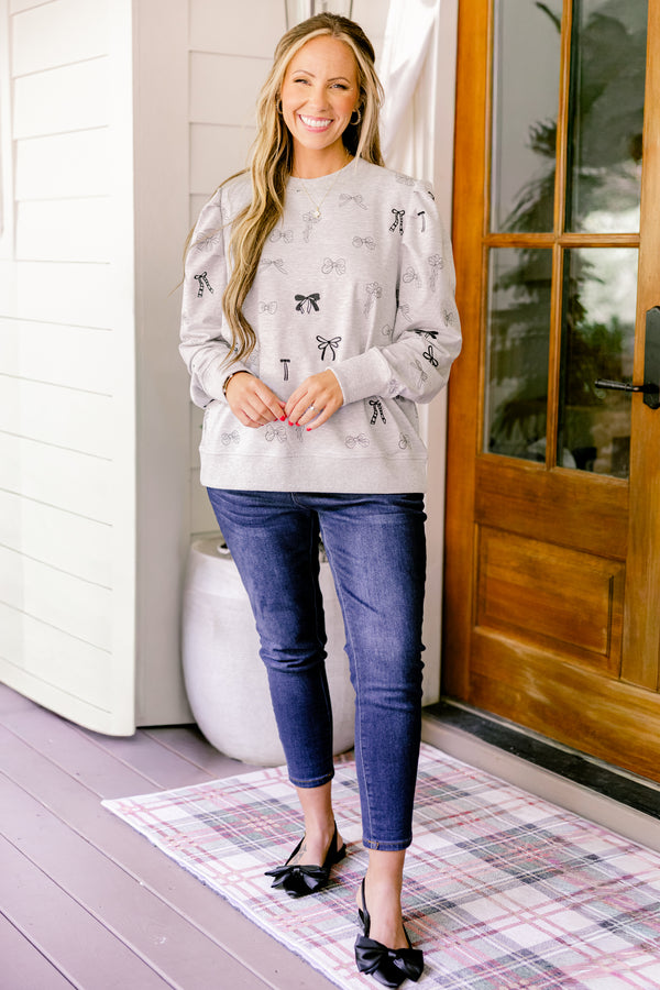 Chic Soul plus size clothing, grey crewneck sweatshirt with black embroidered bows 