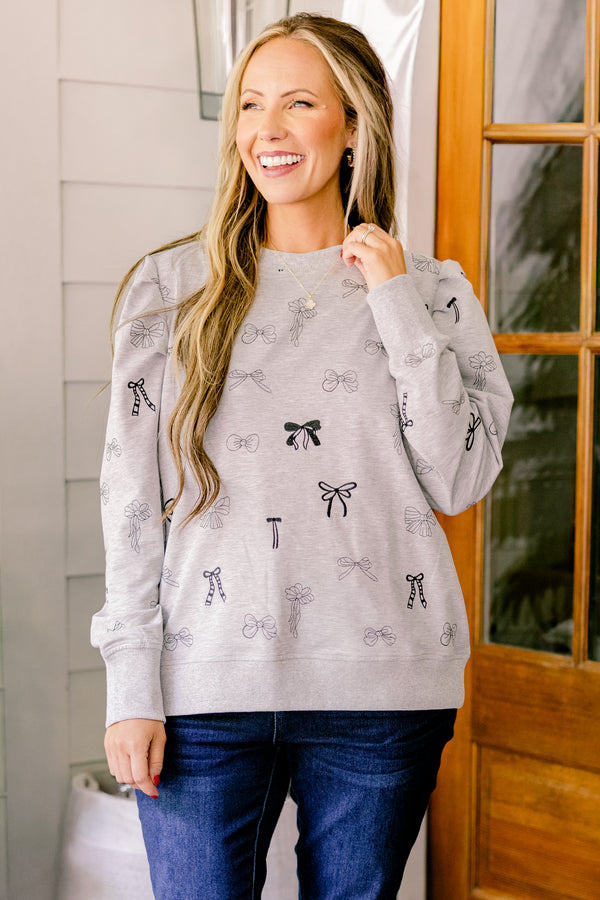 Chic Soul plus size clothing, grey crewneck sweatshirt with black embroidered bows 