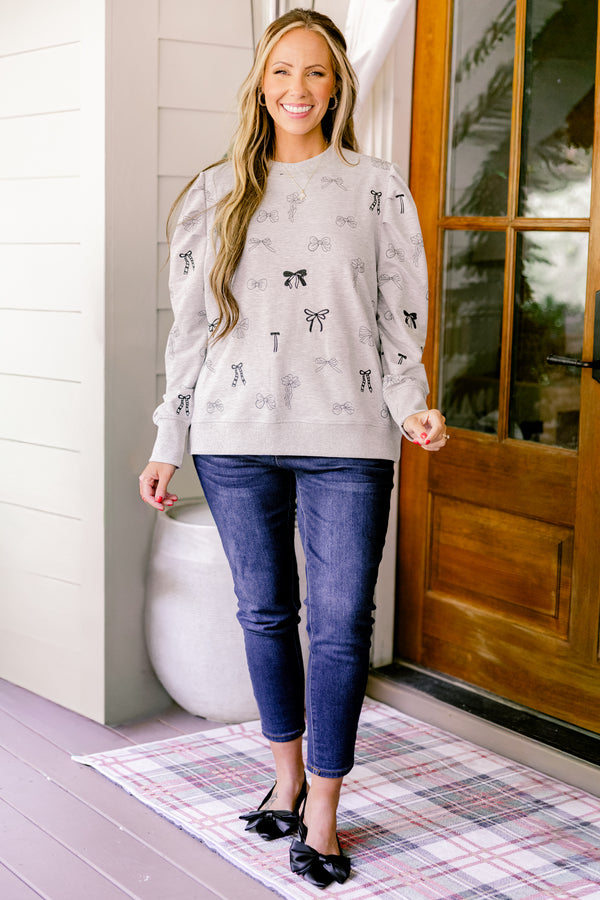 Chic Soul plus size clothing, grey crewneck sweatshirt with black embroidered bows 