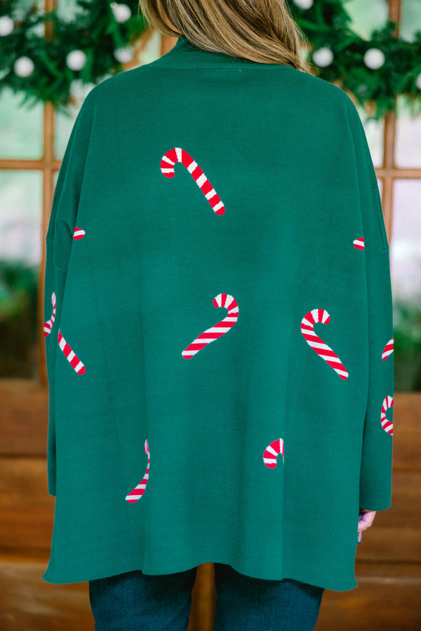 Chic Soul plus size clothing, green long sleeve high neck sweater with candy cane prints throughout the sweater