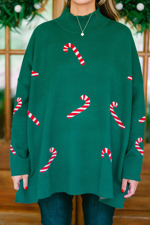 Chic Soul plus size clothing, green long sleeve high neck sweater with candy cane prints throughout the sweater