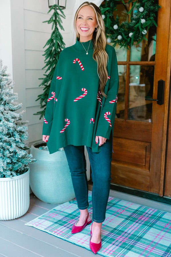 Chic Soul plus size clothing, green long sleeve high neck sweater with candy cane prints throughout the sweater