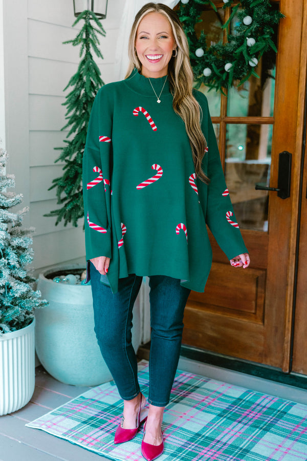 Chic Soul plus size clothing, green long sleeve high neck sweater with candy cane prints throughout the sweater