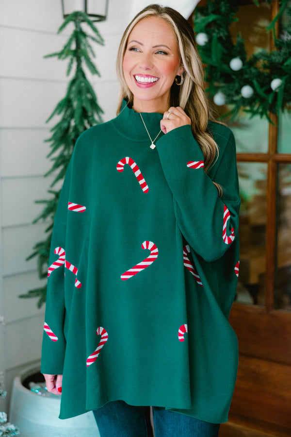 Chic Soul plus size clothing, green long sleeve high neck sweater with candy cane prints throughout the sweater