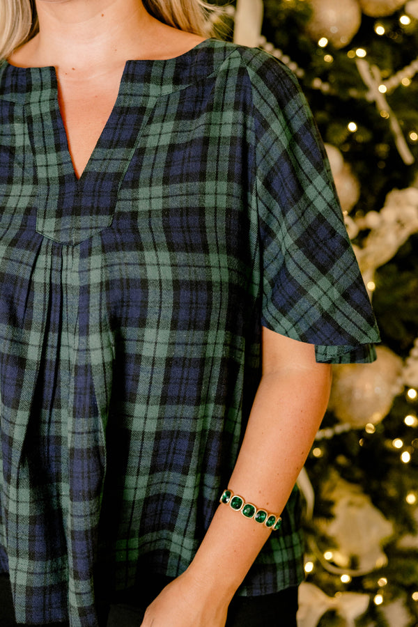 Chic Soul plus size clothing, blue and green plaid short flutter sleeve top with v-neckline 