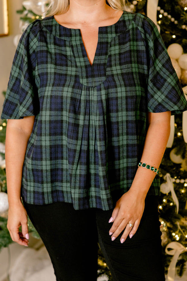 Chic Soul plus size clothing, blue and green plaid short flutter sleeve top with v-neckline 