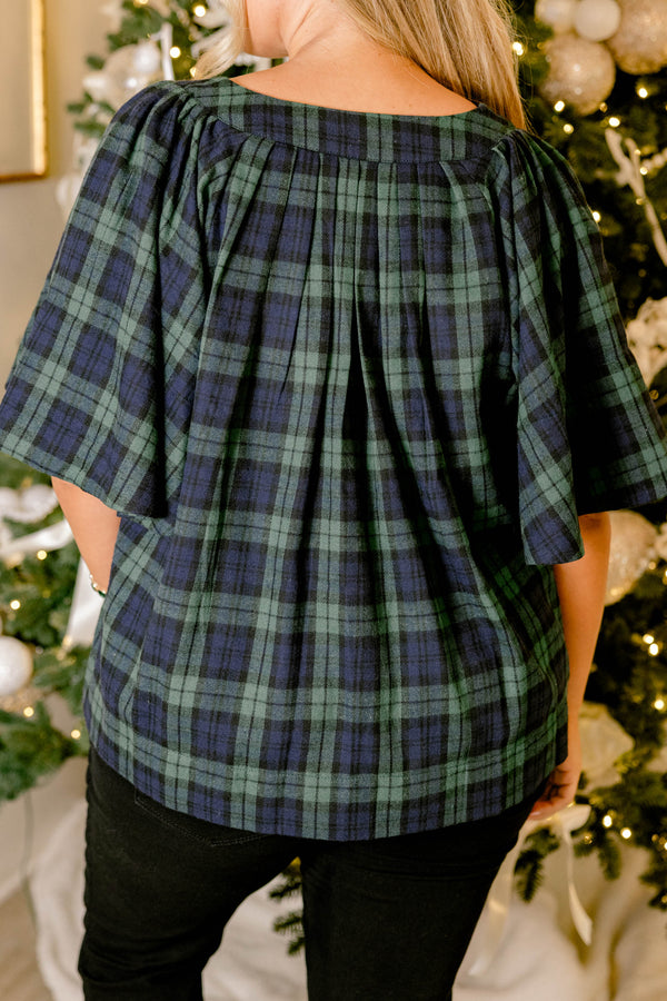 Chic Soul plus size clothing, blue and green plaid short flutter sleeve top with v-neckline 