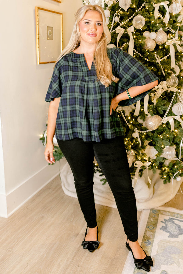 Chic Soul plus size clothing, blue and green plaid short flutter sleeve top with v-neckline 