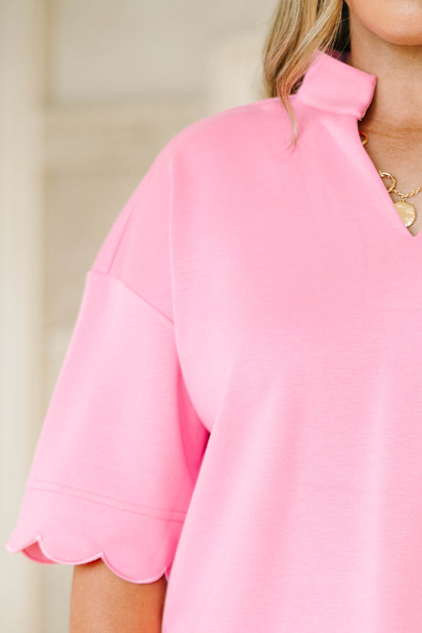 Scallop Hem Shorts Set in a bright pink shade, featuring a short-sleeve top with a scalloped edge and matching shorts