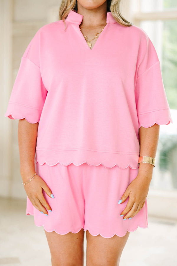 Scallop Hem Shorts Set in a bright pink shade, featuring a short-sleeve top with a scalloped edge and matching shorts