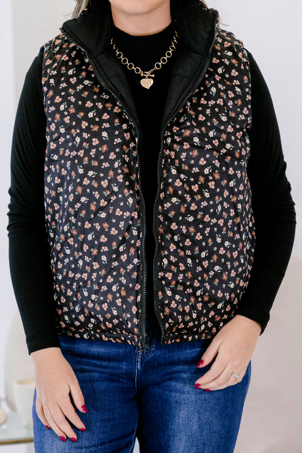 Chic soul plus size clothing, black sleeveless vest with floral detailing