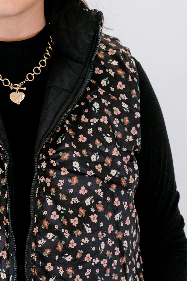 Chic soul plus size clothing, black sleeveless vest with floral detailing