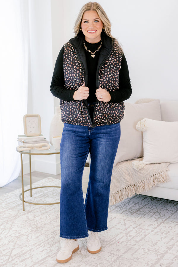 Chic soul plus size clothing, black sleeveless vest with floral detailing