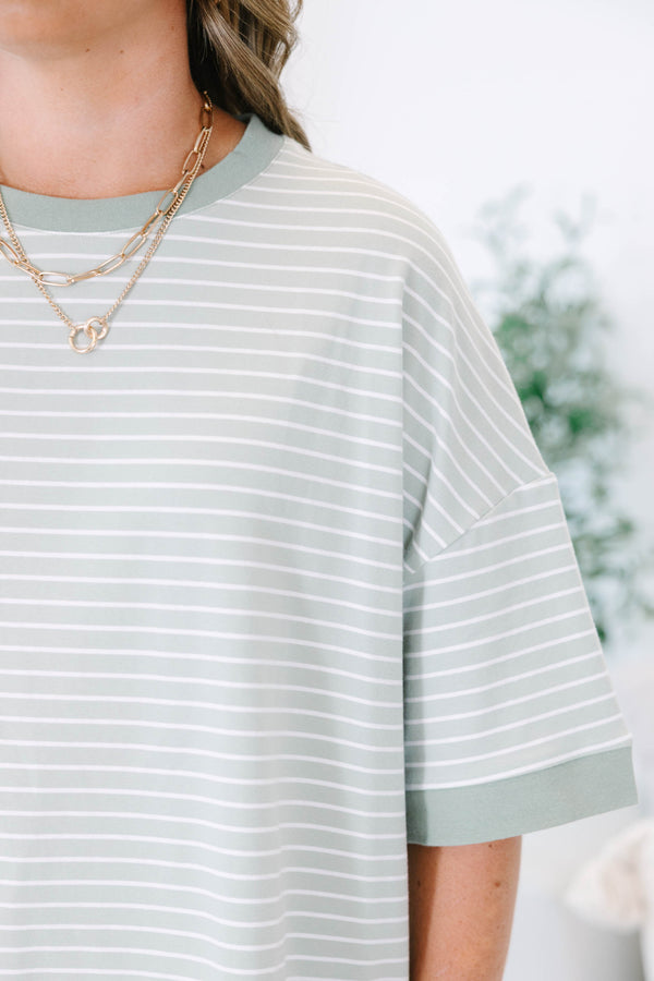 Plus Size sage green and white striped loungewear set with a short-sleeve top and matching shorts.