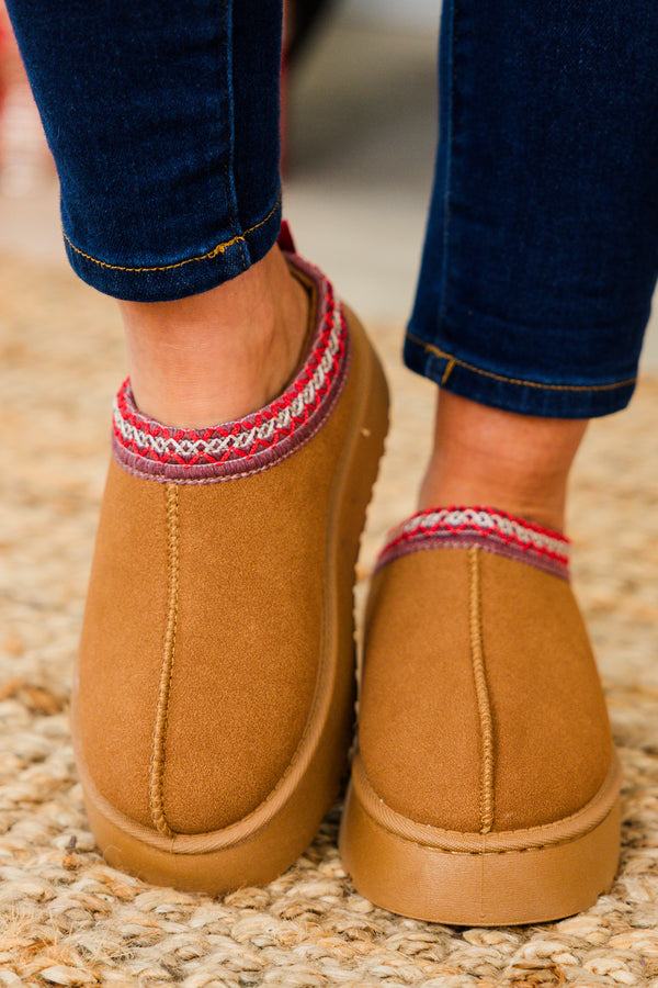 Chic Soul plus size clothing, brown platform slide on slippers with red and white stitching detail at the opening