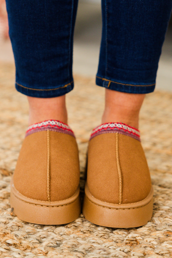 Chic Soul plus size clothing, brown platform slide on slippers with red and white stitching detail at the opening