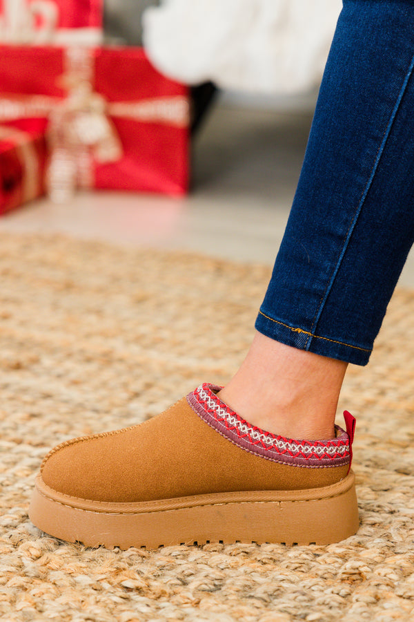 Chic Soul plus size clothing, brown platform slide on slippers with red and white stitching detail at the opening