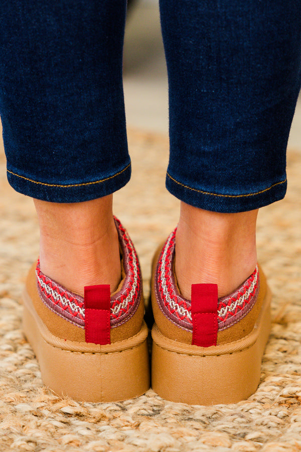 Chic Soul plus size clothing, brown platform slide on slippers with red and white stitching detail at the opening