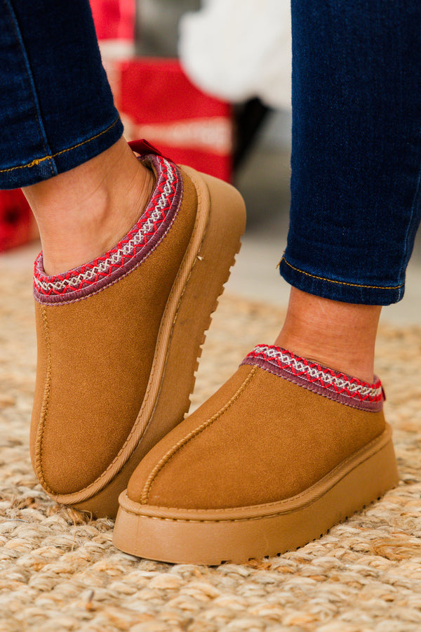 Chic Soul plus size clothing, brown platform slide on slippers with red and white stitching detail at the opening