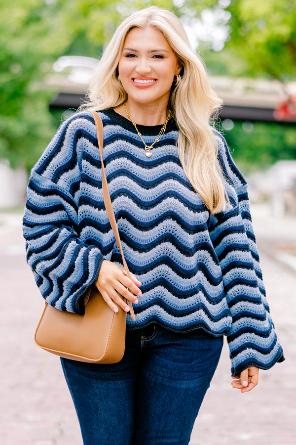 Chic Soul plus size clothing, dark blue and light blue wavy stripe loose knit long sleeve sweater