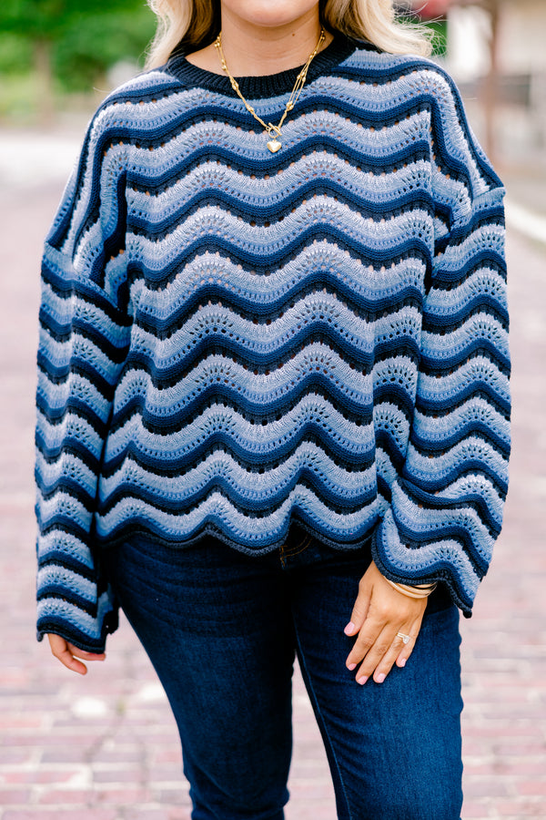 Chic Soul plus size clothing, dark blue and light blue wavy stripe loose knit long sleeve sweater