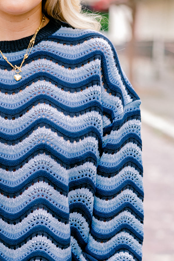 Chic Soul plus size clothing, dark blue and light blue wavy stripe loose knit long sleeve sweater