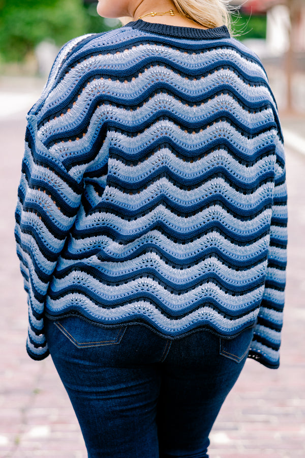 Chic Soul plus size clothing, dark blue and light blue wavy stripe loose knit long sleeve sweater