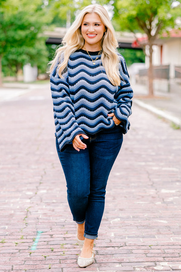 Chic Soul plus size clothing, dark blue and light blue wavy stripe loose knit long sleeve sweater