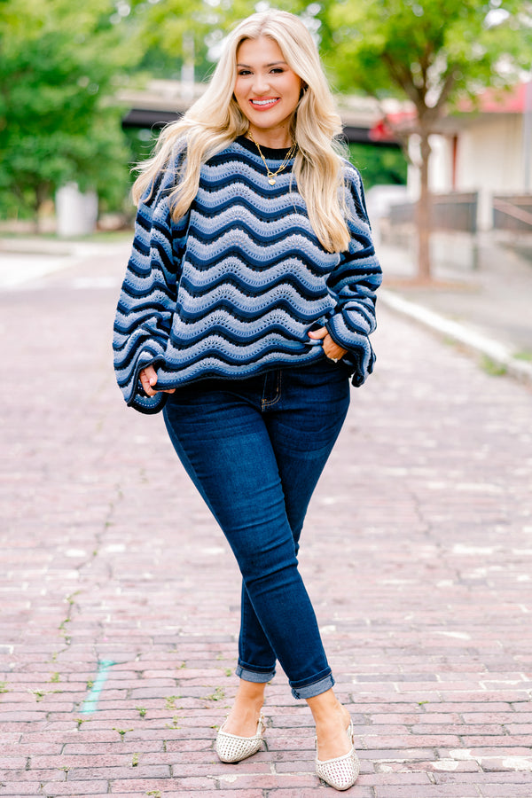 Chic Soul plus size clothing, dark blue and light blue wavy stripe loose knit long sleeve sweater
