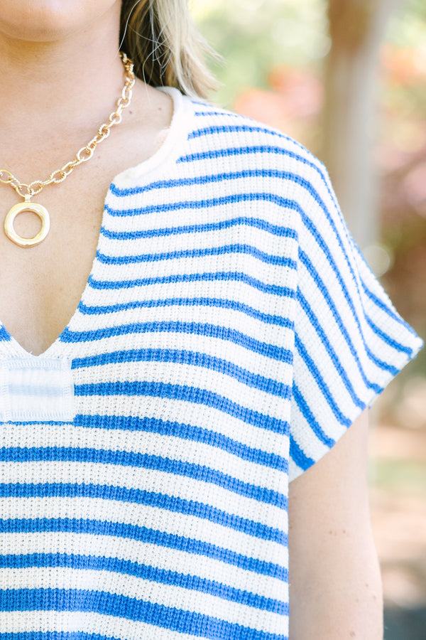 Plus Size blue and white horizontal striped short-sleeve knit sweater with a V-neckline.