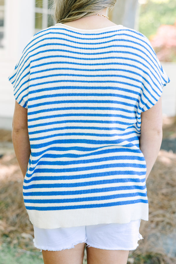 Plus Size blue and white horizontal striped short-sleeve knit sweater with a V-neckline.