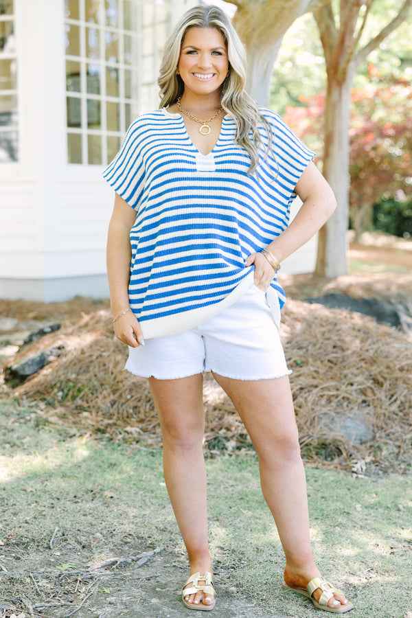 Plus Size blue and white horizontal striped short-sleeve knit sweater with a V-neckline.