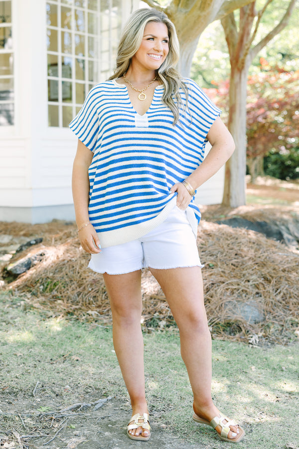 Plus Size blue and white horizontal striped short-sleeve knit sweater with a V-neckline.