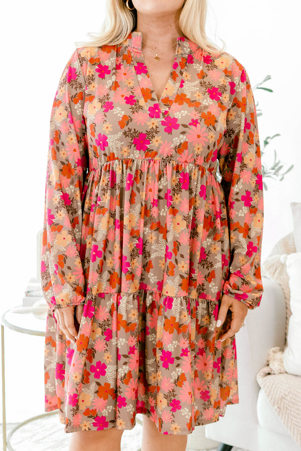 Chic Soul plus size clothing, mocha brown long sleeve short dress with pink and purple floral pattern and v-neckline
