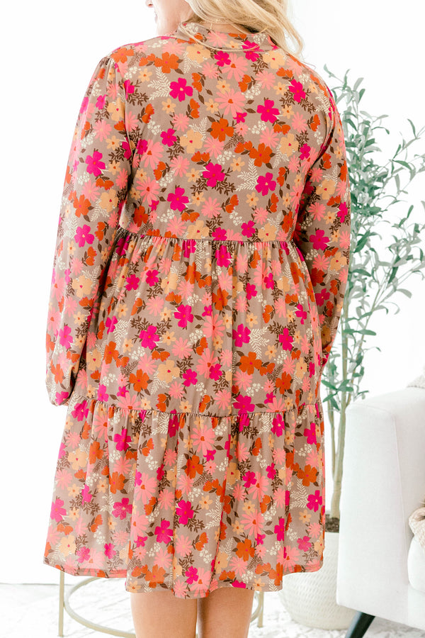 Chic Soul plus size clothing, mocha brown long sleeve short dress with pink and purple floral pattern and v-neckline