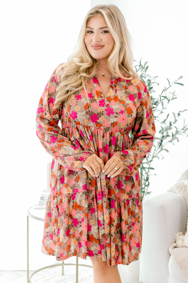 Chic Soul plus size clothing, mocha brown long sleeve short dress with pink and purple floral pattern and v-neckline