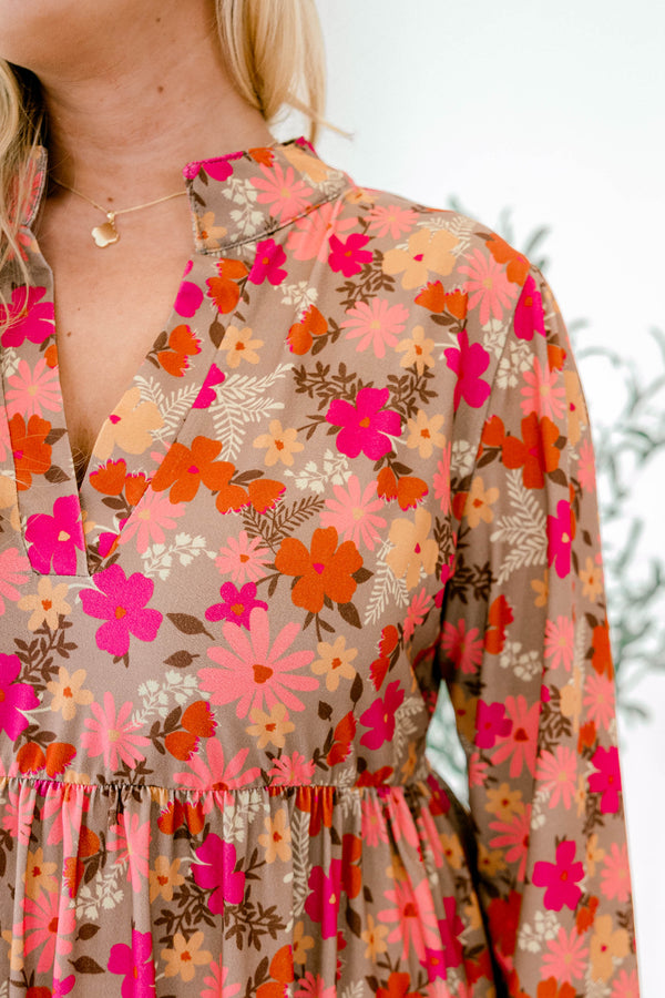 Chic Soul plus size clothing, mocha brown long sleeve short dress with pink and purple floral pattern and v-neckline